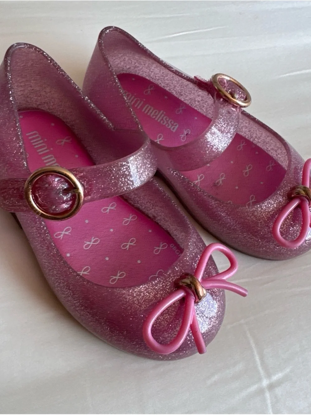 Mini Melissa Glitter Pink Mary Jane with Bow and Gold Buckle